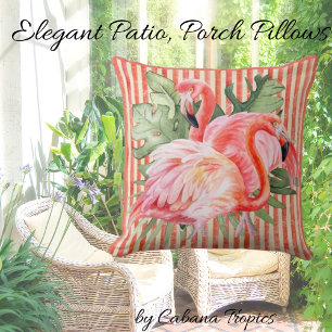 Pink Flamingoes Tropical Leaves Coral Stripes Cushion