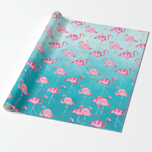 Pink Flamingoes & Turquoise Blue Sea Wrapping Paper (Unrolled)