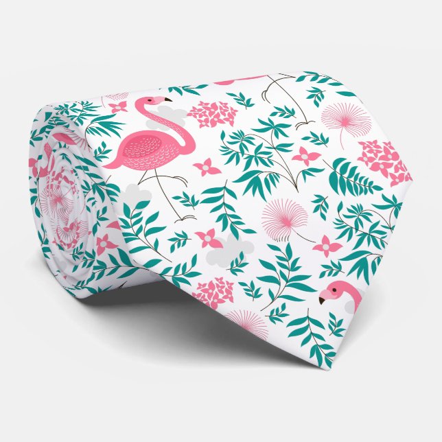 Pink Flamingos And Flowers Pattern Tie (Rolled)