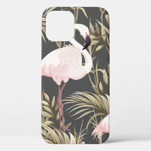 Pink flamingos and golden plants seamless pattern iPhone 12 case
