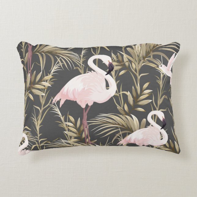 Pink flamingos and golden plants seamless pattern decorative cushion (Front)