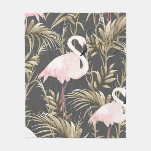 Pink flamingos and golden plants seamless pattern fleece blanket