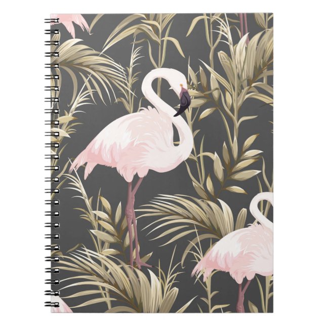 Pink flamingos and golden plants seamless pattern notebook (Front)