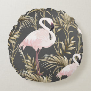 Pink flamingos and golden plants seamless pattern round cushion