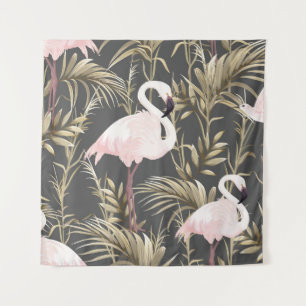Pink flamingos and golden plants seamless pattern tapestry