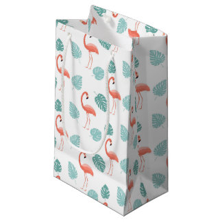 PINK FLAMINGOS AND GREEN TROPICAL LEAVES SMALL GIFT BAG