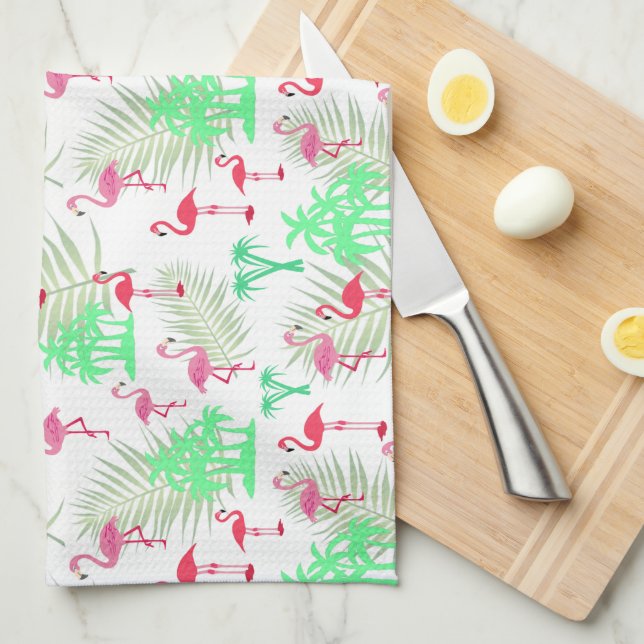 Pink Flamingos and Palm Trees Tea Towel (Quarter Fold)
