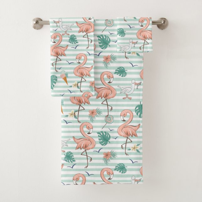 Pink Flamingos And Seagulls Bath Towel Set (Insitu)