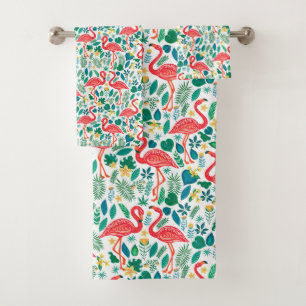 Pink Flamingos and Tropical Flowers Pattern Bath Towel Set