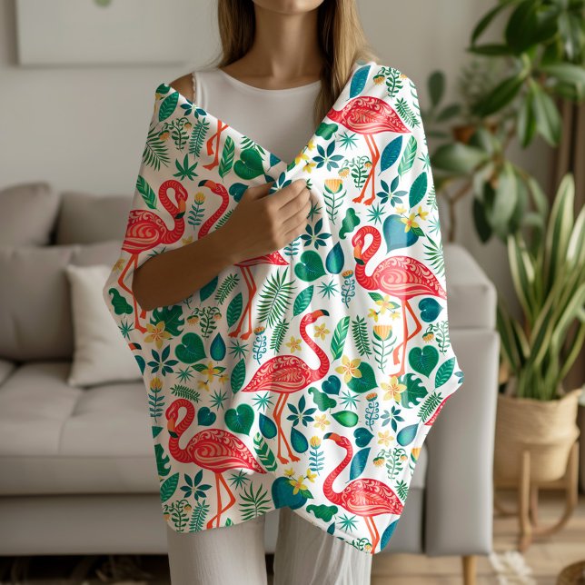 Pink Flamingos and Tropical Flowers Pattern Fleece Blanket (Creator Uploaded)