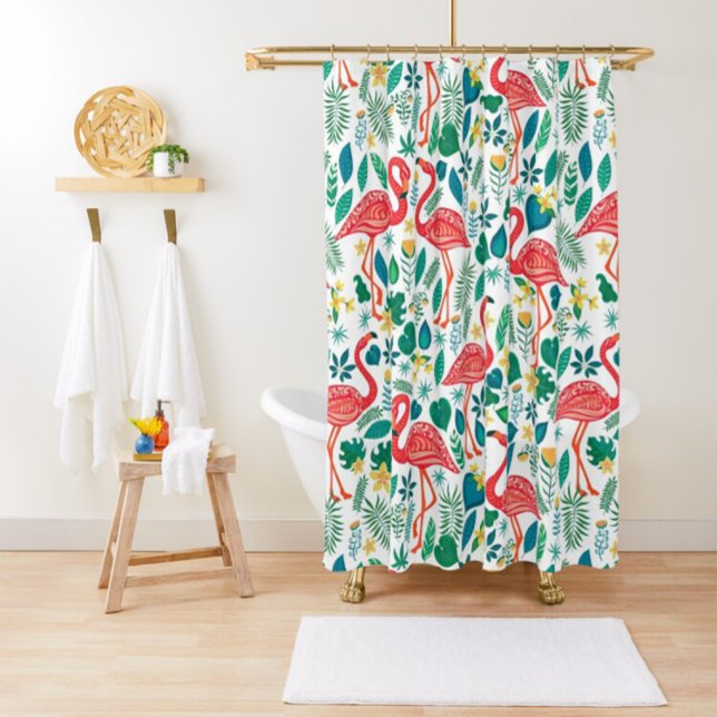 Pink Flamingos and Tropical Flowers Pattern Shower Curtain (Creator Uploaded)