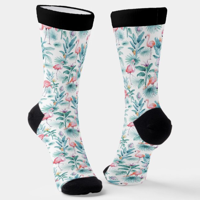 Pink flamingos and tropical flowers pattern socks (Angled)