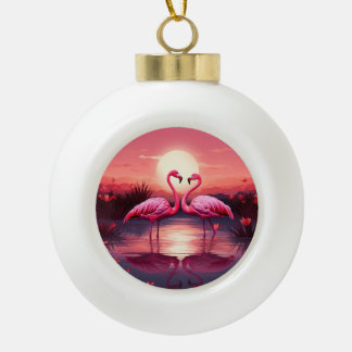 Pink Flamingos at Sunset Ceramic Ball Christmas Ornament