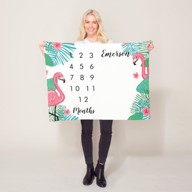 Pink Flamingos Baby Monthly Milestone Fleece Blanket (In Situ)