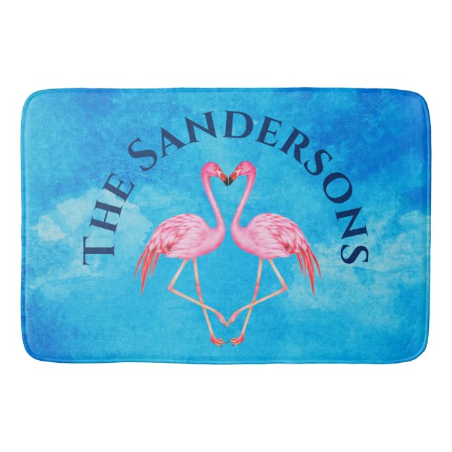 Pink Flamingos Bathroom Monogram Name Blue Bath Mat (Front)
