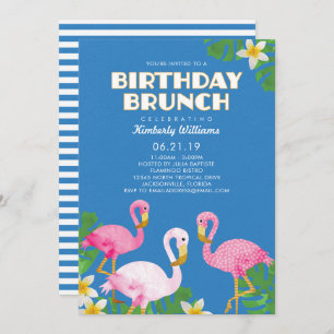 Pink Flamingos Birthday Brunch Blue Invitation