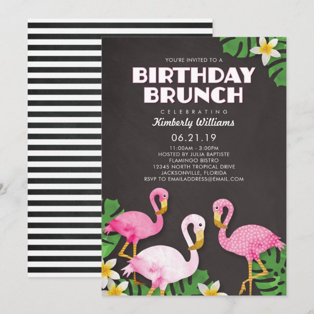 Pink Flamingos Birthday Brunch Chalkboard Invitation (Front/Back)
