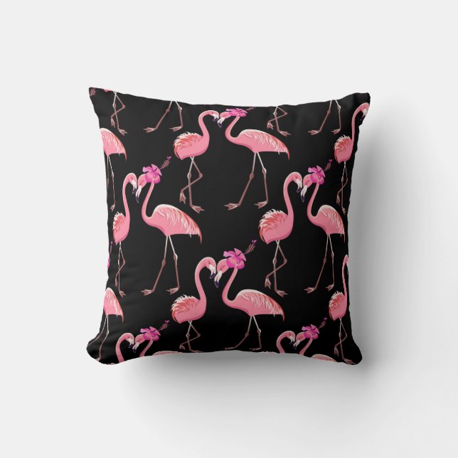 Pink Flamingos: Black Background Vintage Cushion (Front)