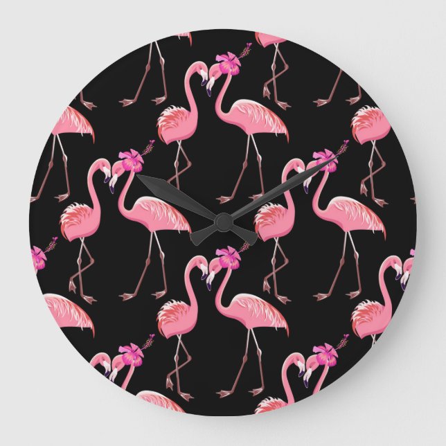 Pink Flamingos: Black Background Vintage Large Clock (Front)