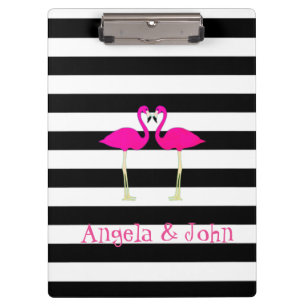 Pink Flamingos, Black, White Stripes Personalised Clipboard