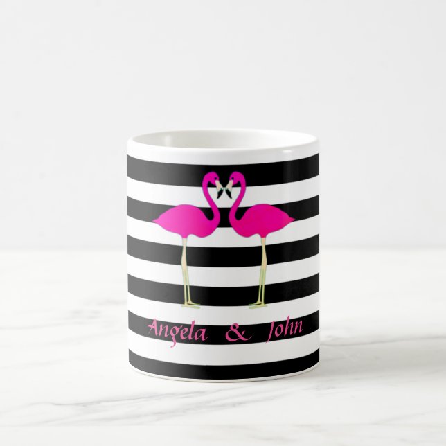 Pink Flamingos, Black, White Stripes Personalised Coffee Mug (Center)
