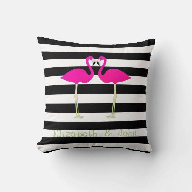 Pink Flamingos, Black, White Stripes Personalised Cushion (Front)