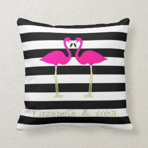 Pink Flamingos, Black, White Stripes Personalised Cushion