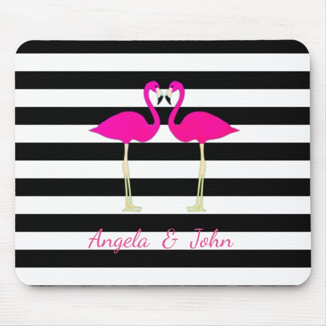 Pink Flamingos, Black, White Stripes Personalised Mouse Pad (Front)