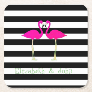 Pink Flamingos ,Black White Stripes,Personalised Square Paper Coaster