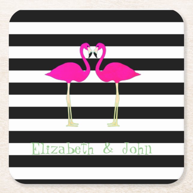 Pink Flamingos ,Black White Stripes,Personalised Square Paper Coaster (Front)