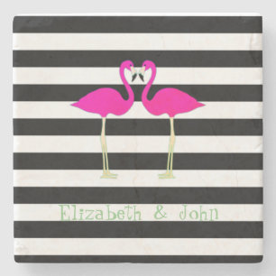 Pink Flamingos ,Black White Stripes,Personalised Stone Coaster