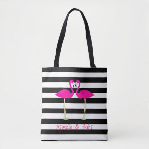 Pink Flamingos, Black, White Stripes Personalised Tote Bag