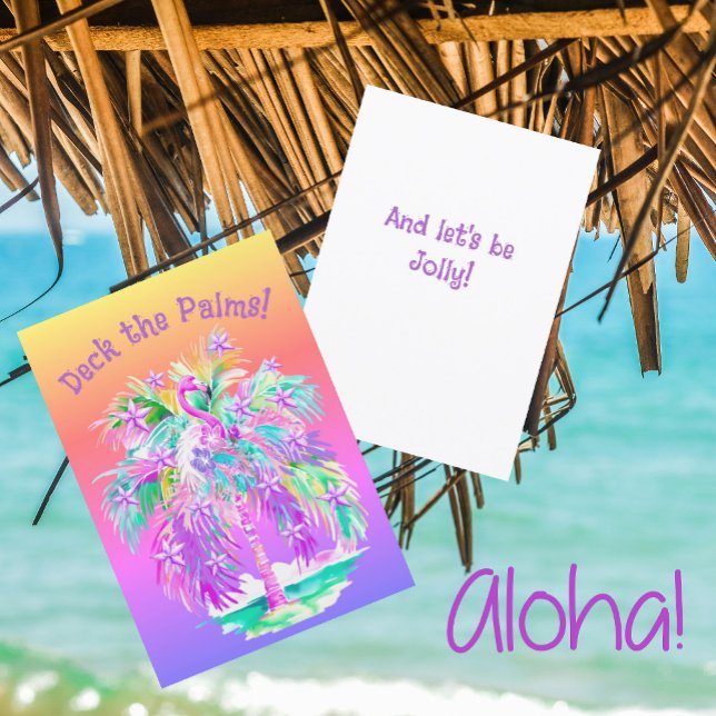 Pink Flamingos Christmas Palm Tree Personalised  Card (Deck the Palms!)