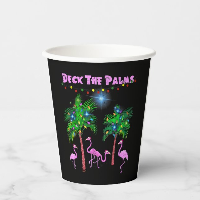 Pink Flamingos Christmas Palm Tree Tropical Xmas Paper Cups (Front)