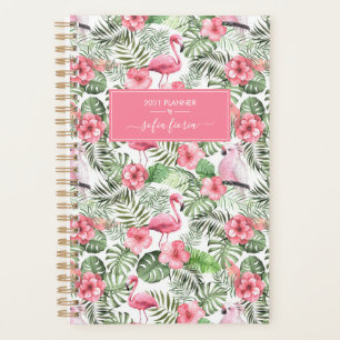 Pink Flamingos Cockatiels Palms Script Name 2021 Planner