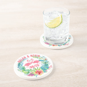 Pink Flamingos Colourful Tropical Flowers Wreath Coaster