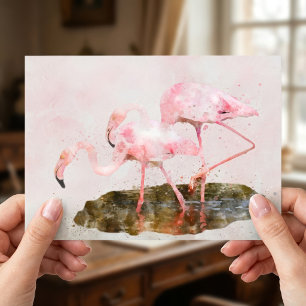 Pink Flamingos Companionship in Watercolor Art Postcard