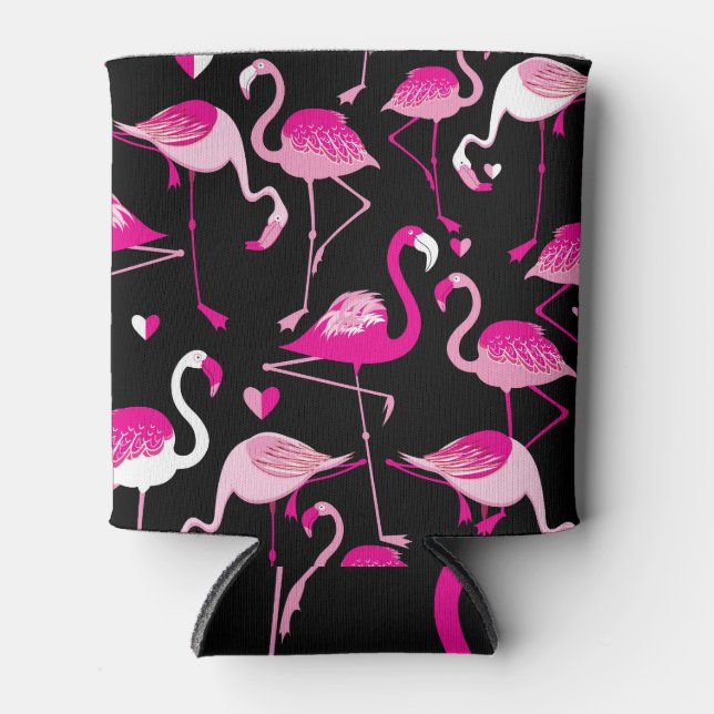 Pink flamingos, dark seamless pattern. can cooler (Front)