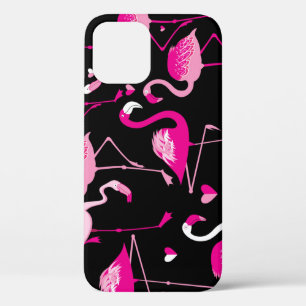 Pink flamingos, dark seamless pattern. iPhone 12 case