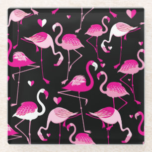 Pink flamingos, dark seamless pattern. glass coaster