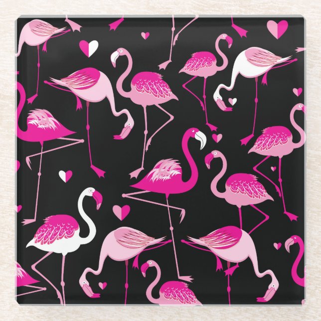 Pink flamingos, dark seamless pattern. glass coaster (Front)