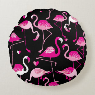 Pink flamingos, dark seamless pattern. round cushion