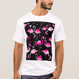 Pink flamingos, dark seamless pattern. T-Shirt