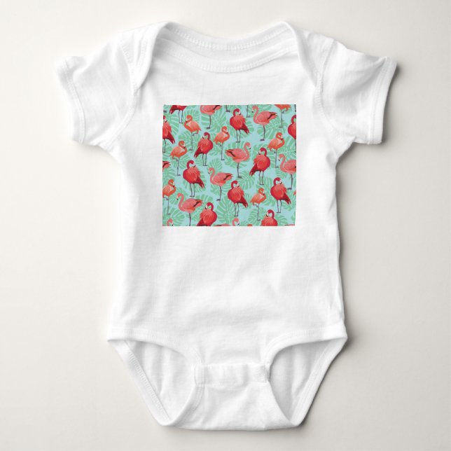 Pink Flamingos: Exotic Seamless Pattern. Baby Bodysuit (Front)