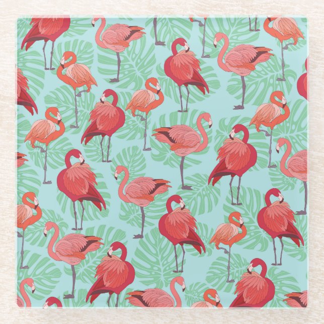 Pink Flamingos: Exotic Seamless Pattern. Glass Coaster (Front)