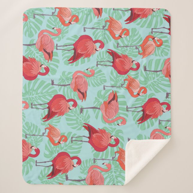 Pink Flamingos: Exotic Seamless Pattern. Sherpa Blanket (Front)