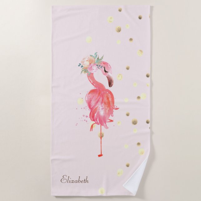 Pink Flamingos Flower,Gold Confetti   Beach Towel (Front)
