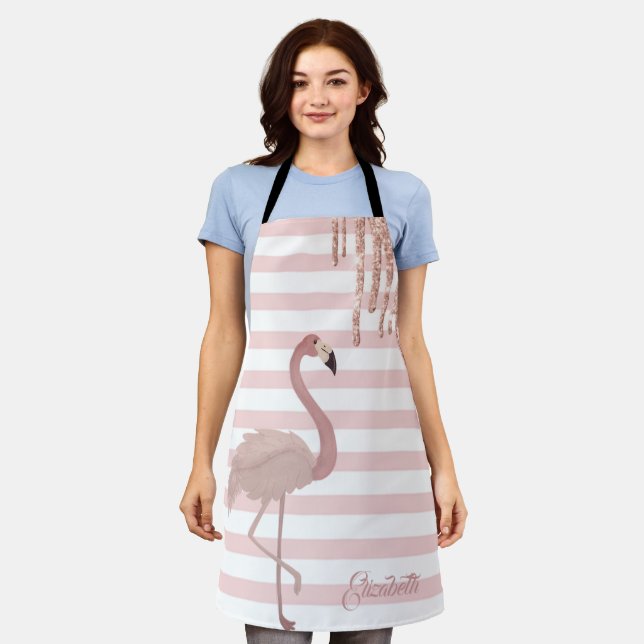 Pink Flamingos,Glitter Drips, Stripes Apron (Worn)