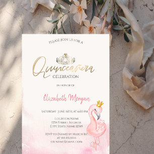 Pink Flamingos Gold Tiara Quinceañera Invitation