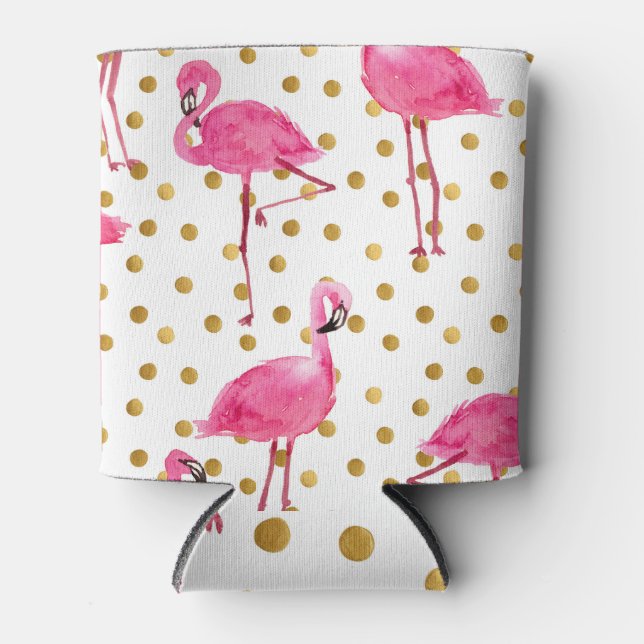 Pink flamingos, golden dots, watercolor. can cooler (Front)